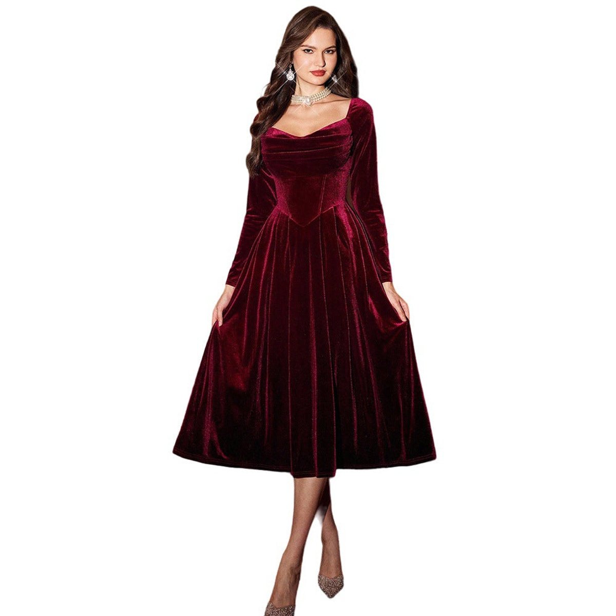 Wine red velvet midi dress with corset waist for women