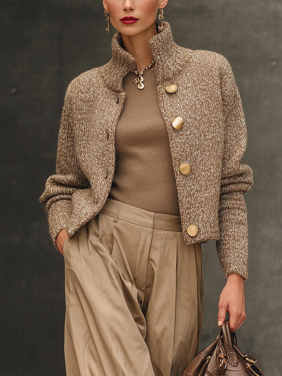 Marled knit stand-collar cardigan in brown for women