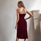 Burgundy one-shoulder velvet dress for women