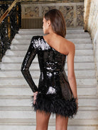 One-shoulder sequin dress with feather trim for women