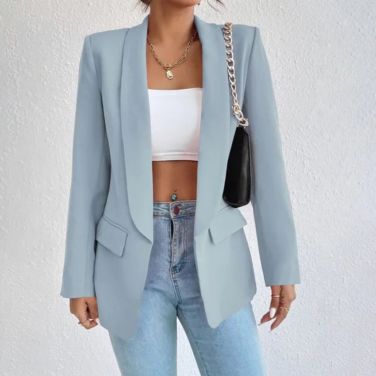 Open-front shawl-collar blazer in light blue for women