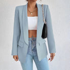 Open-front shawl-collar blazer in light blue for women