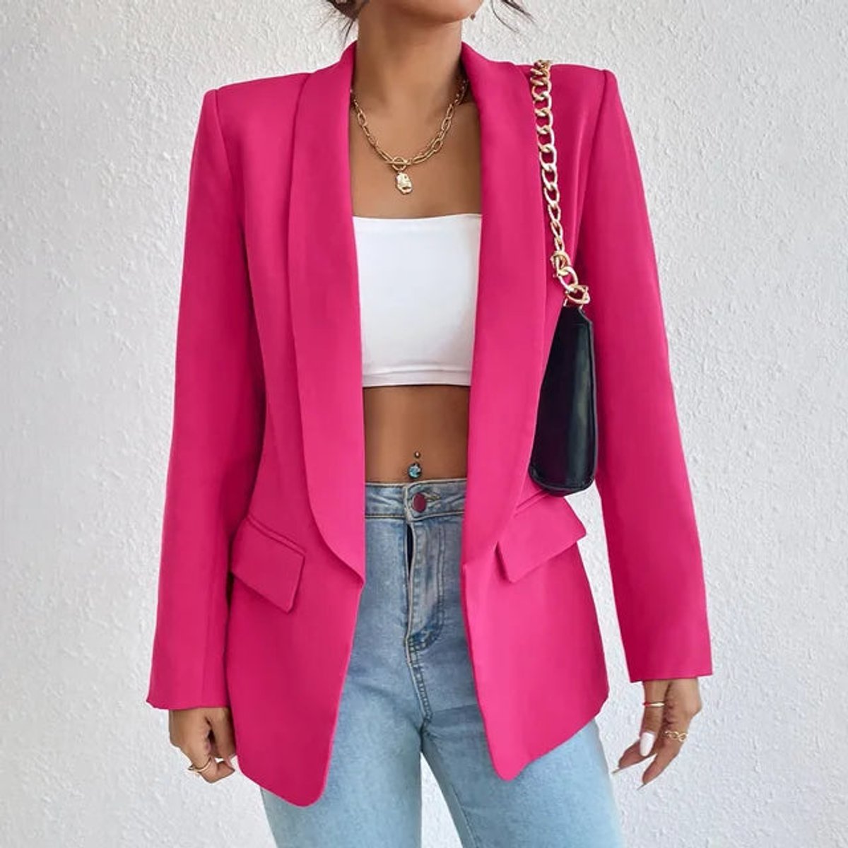 Open-front shawl-collar blazer in rose red for women