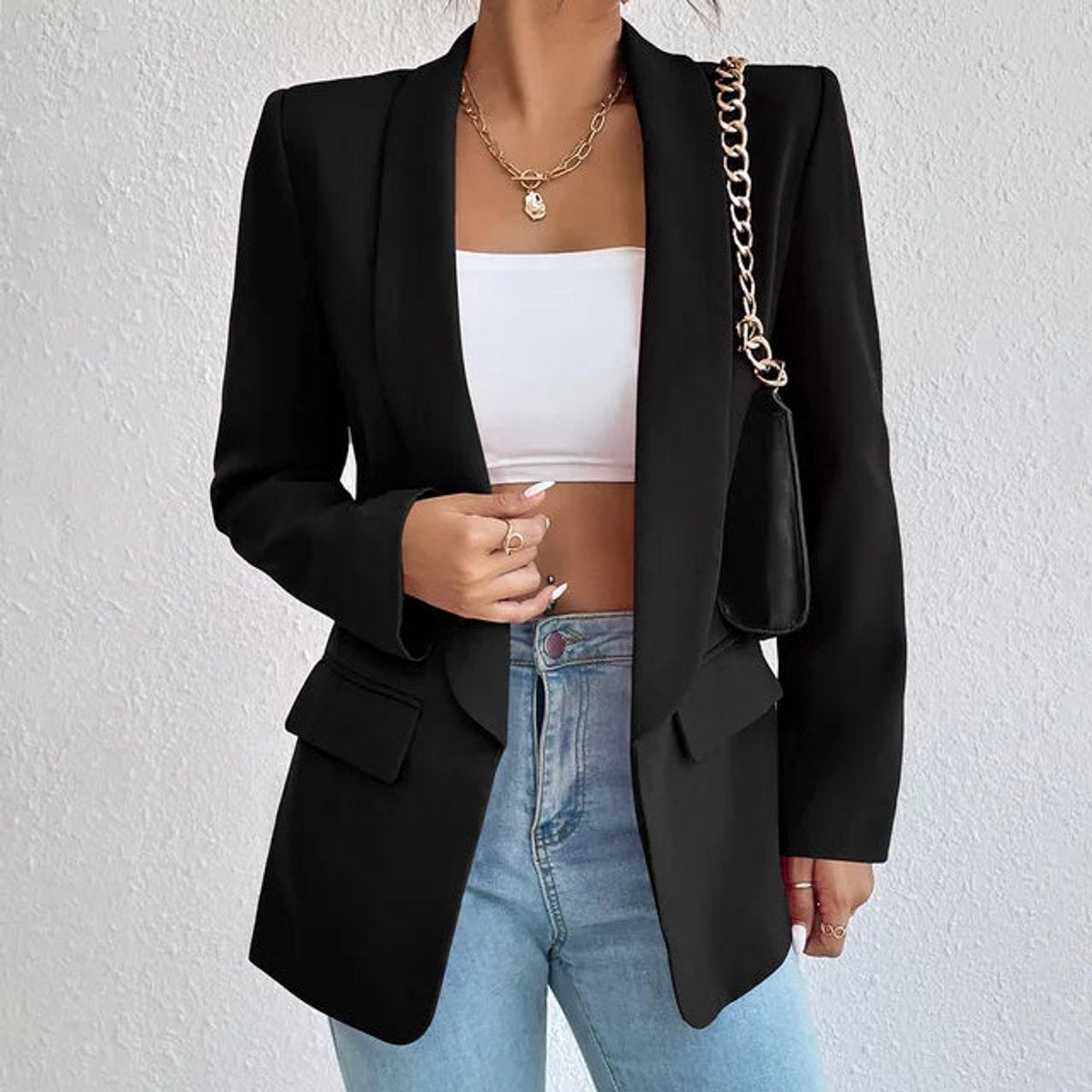Open-front shawl-collar blazer in black for women