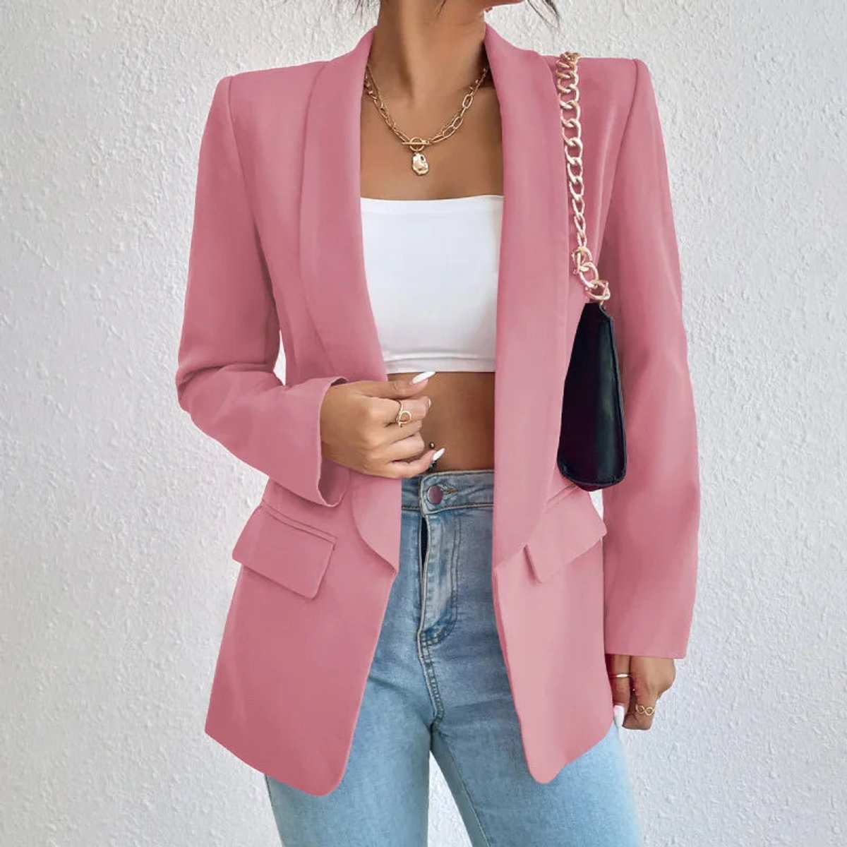 Open-front shawl-collar blazer in pink for women