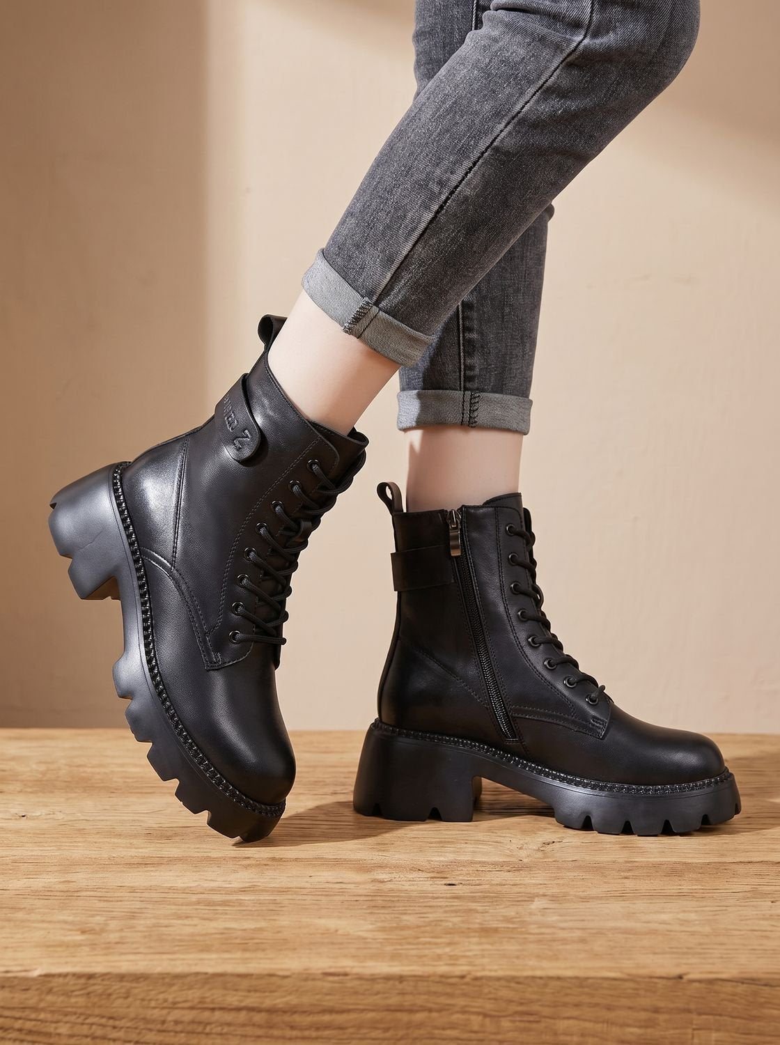 Lace-up lug sole platform ankle boots for women