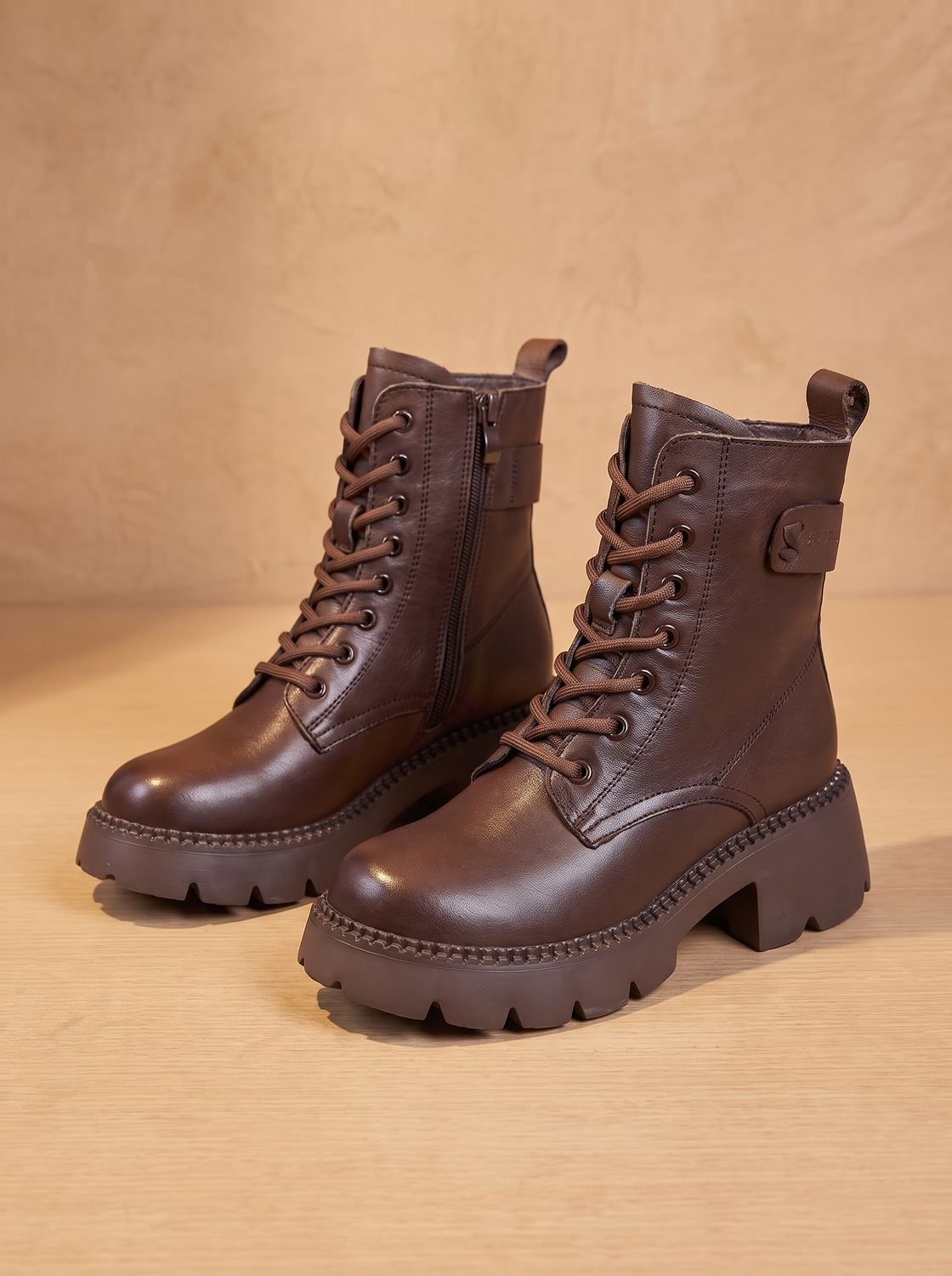 Lace-up lug sole platform ankle boots for women