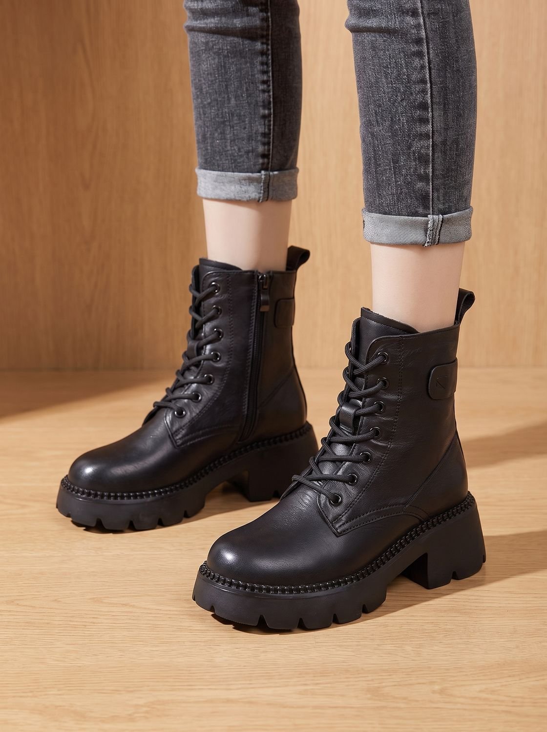 Lace-up lug sole platform ankle boots for women