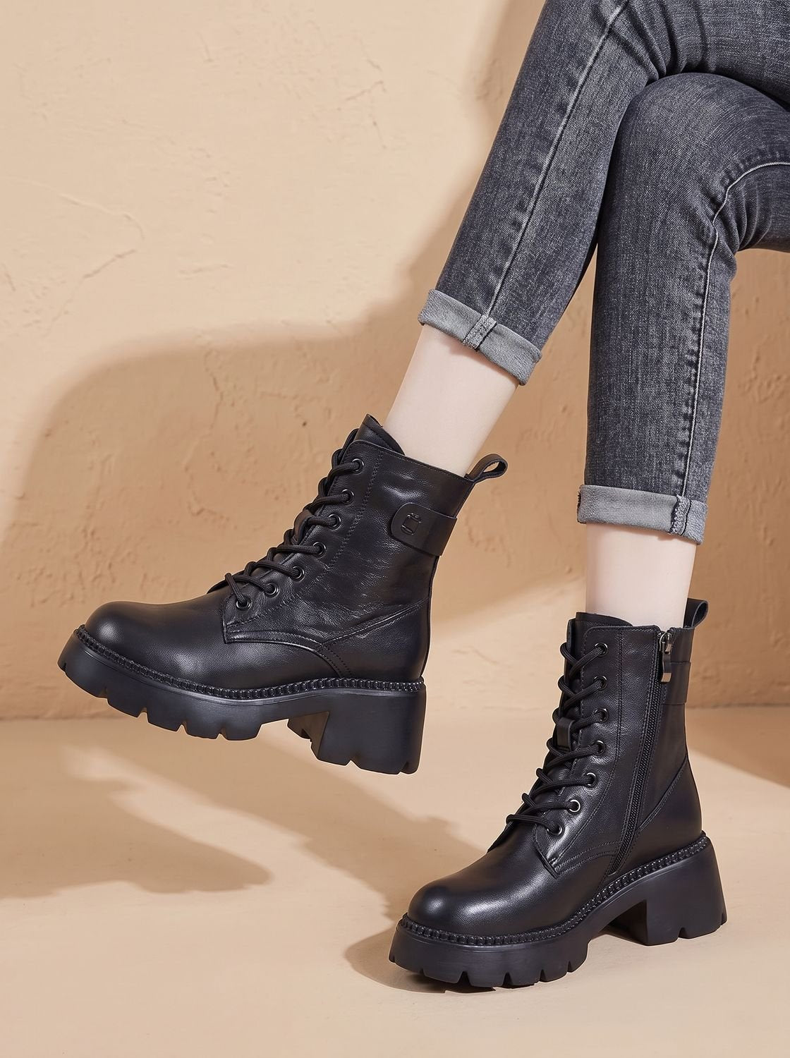 Lace-up lug sole platform ankle boots for women