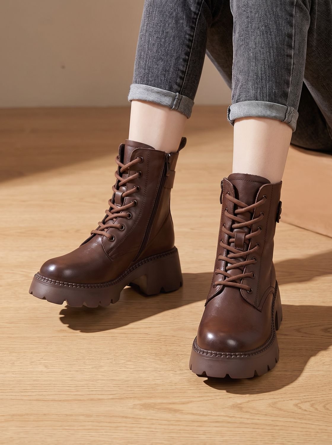 Lace-up lug sole platform ankle boots for women