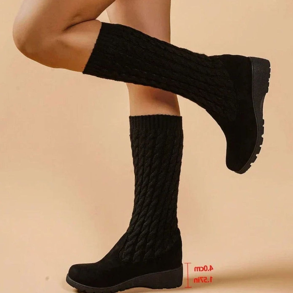 Cable knit knee-high boots in black for women
