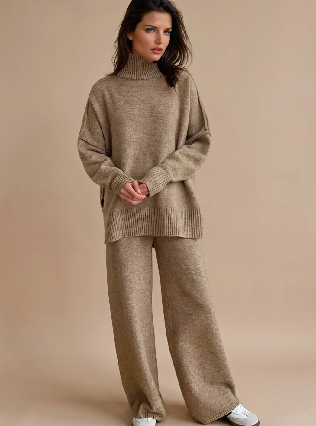 Oversized turtleneck wide-leg knit set in beige for women