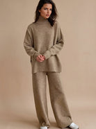 Oversized turtleneck wide-leg knit set in beige for women