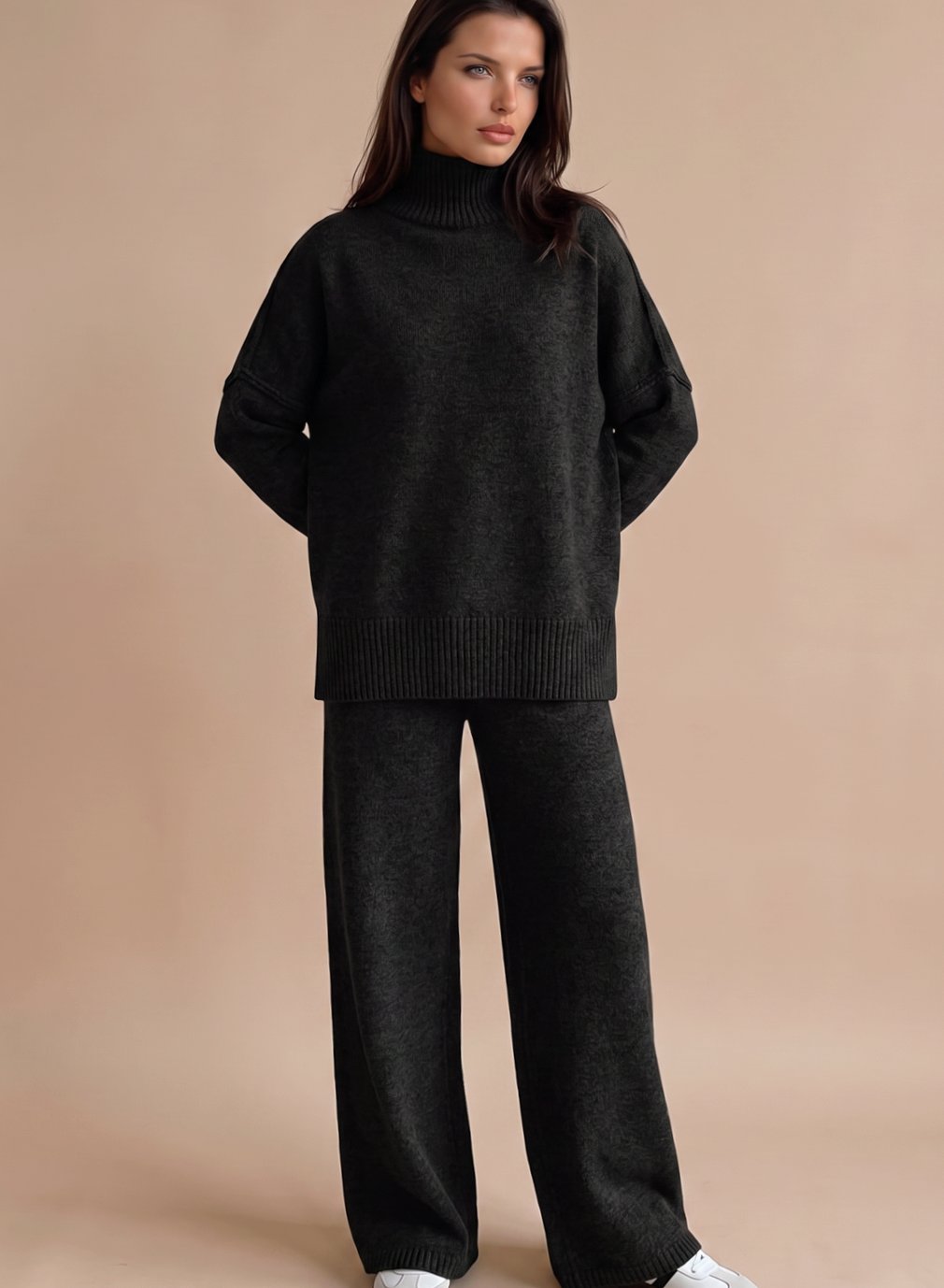 Oversized turtleneck wide-leg knit set for women