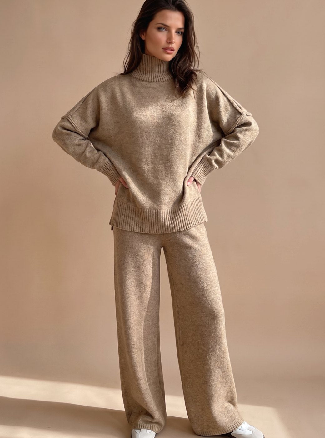 Oversized turtleneck wide-leg knit set for women