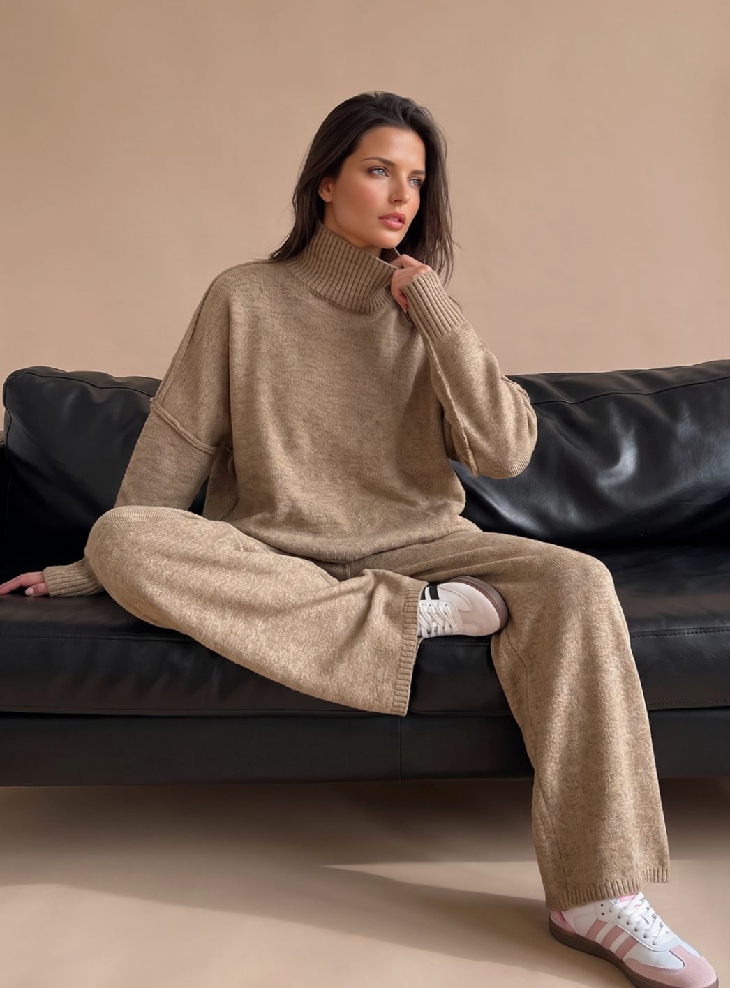 Oversized turtleneck wide-leg knit set for women