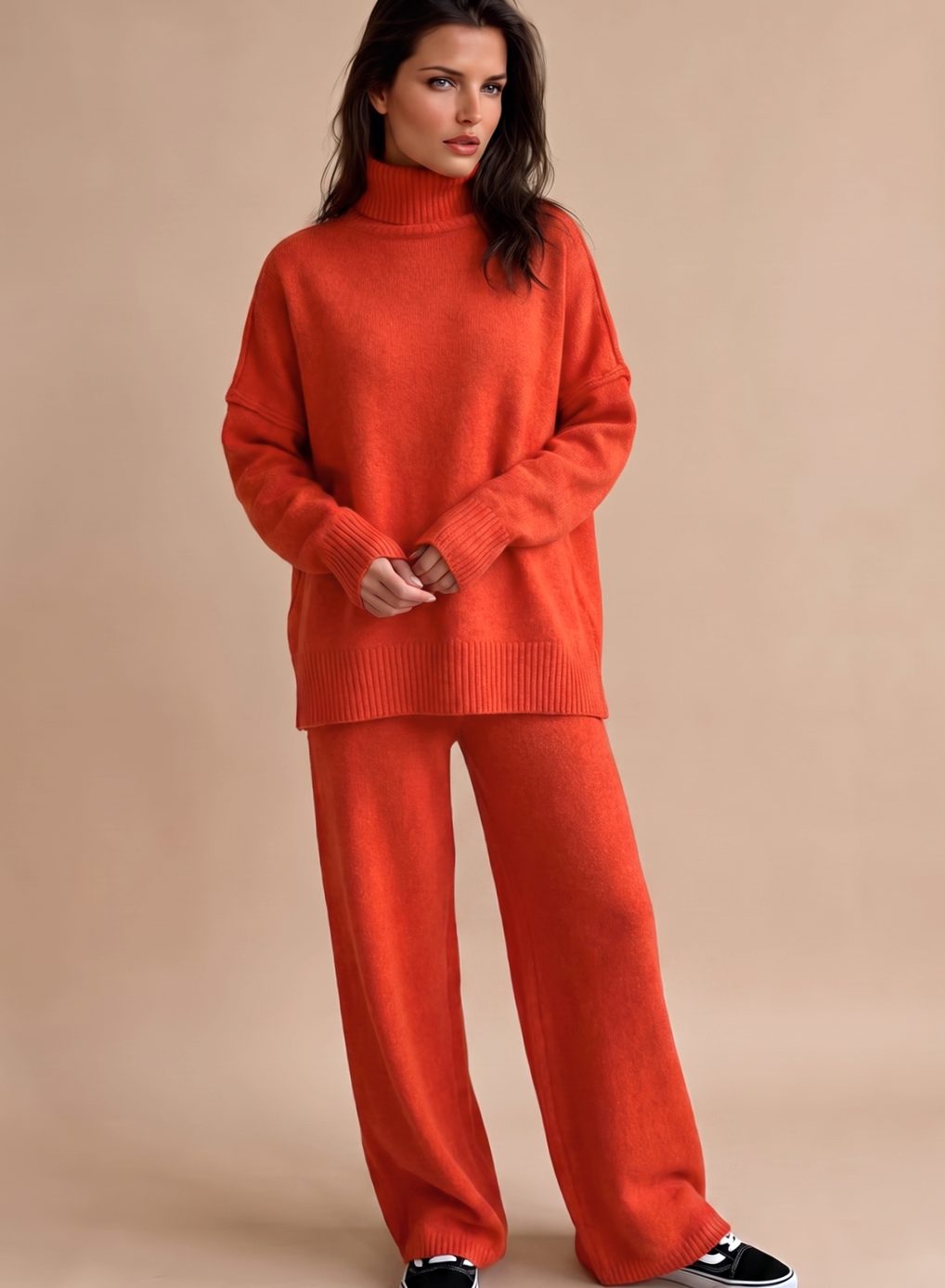 Oversized turtleneck wide-leg knit set in red for women