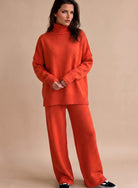 Oversized turtleneck wide-leg knit set in red for women