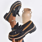 Big bow patent-look platform loafers for women