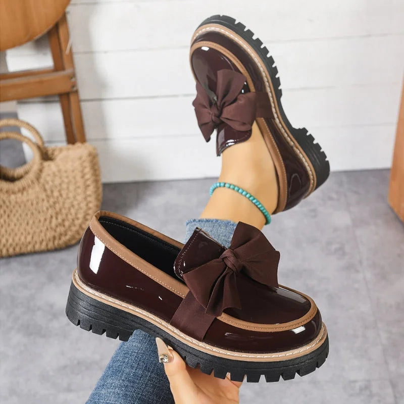 Big bow patent-look platform loafers for women