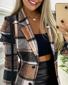 Plaid single-breasted blazer in brown and black for women