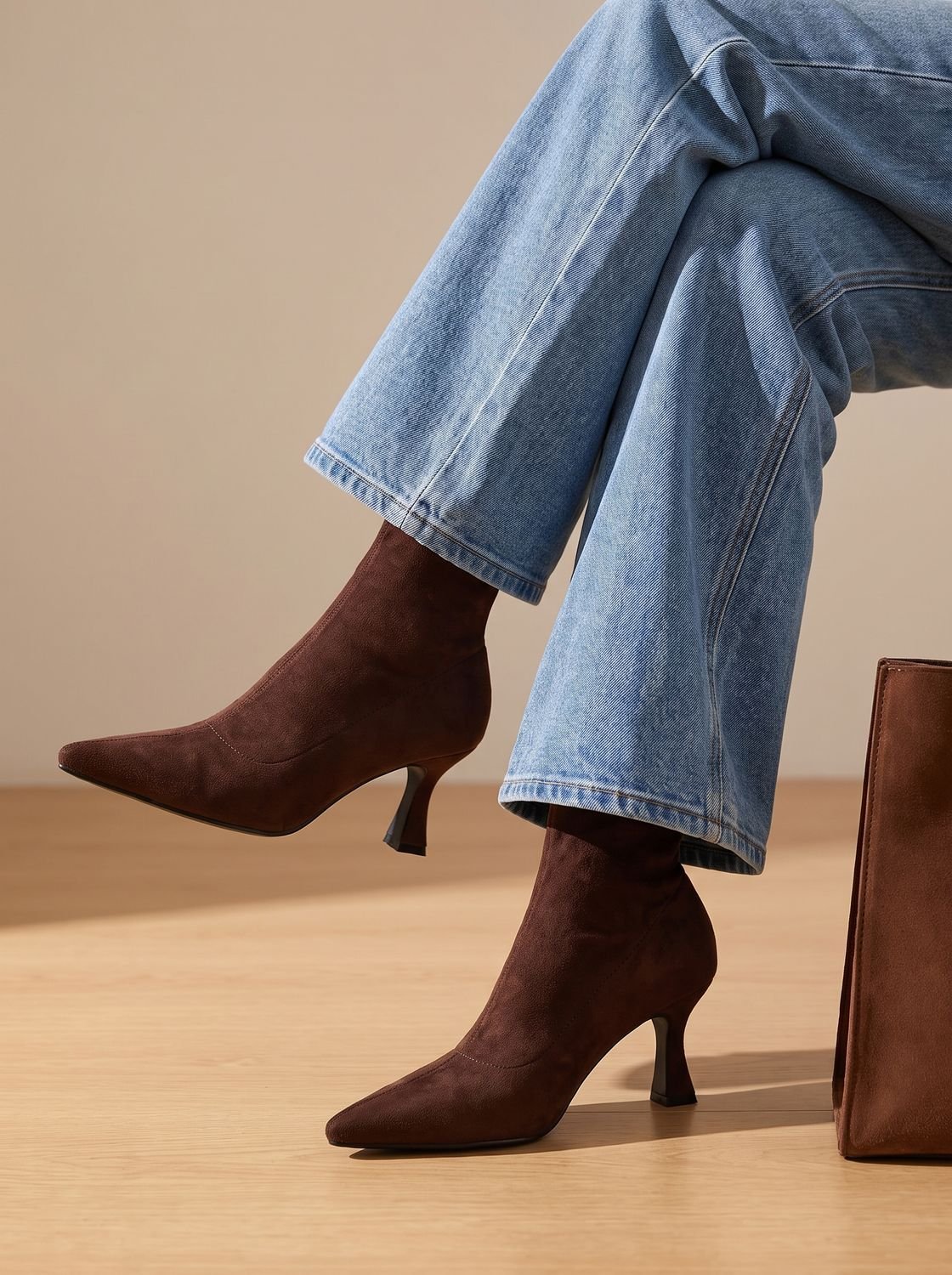 Pointed toe kitten heel sock boots for women