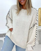 Contrast-stitch knitted sweater for women
