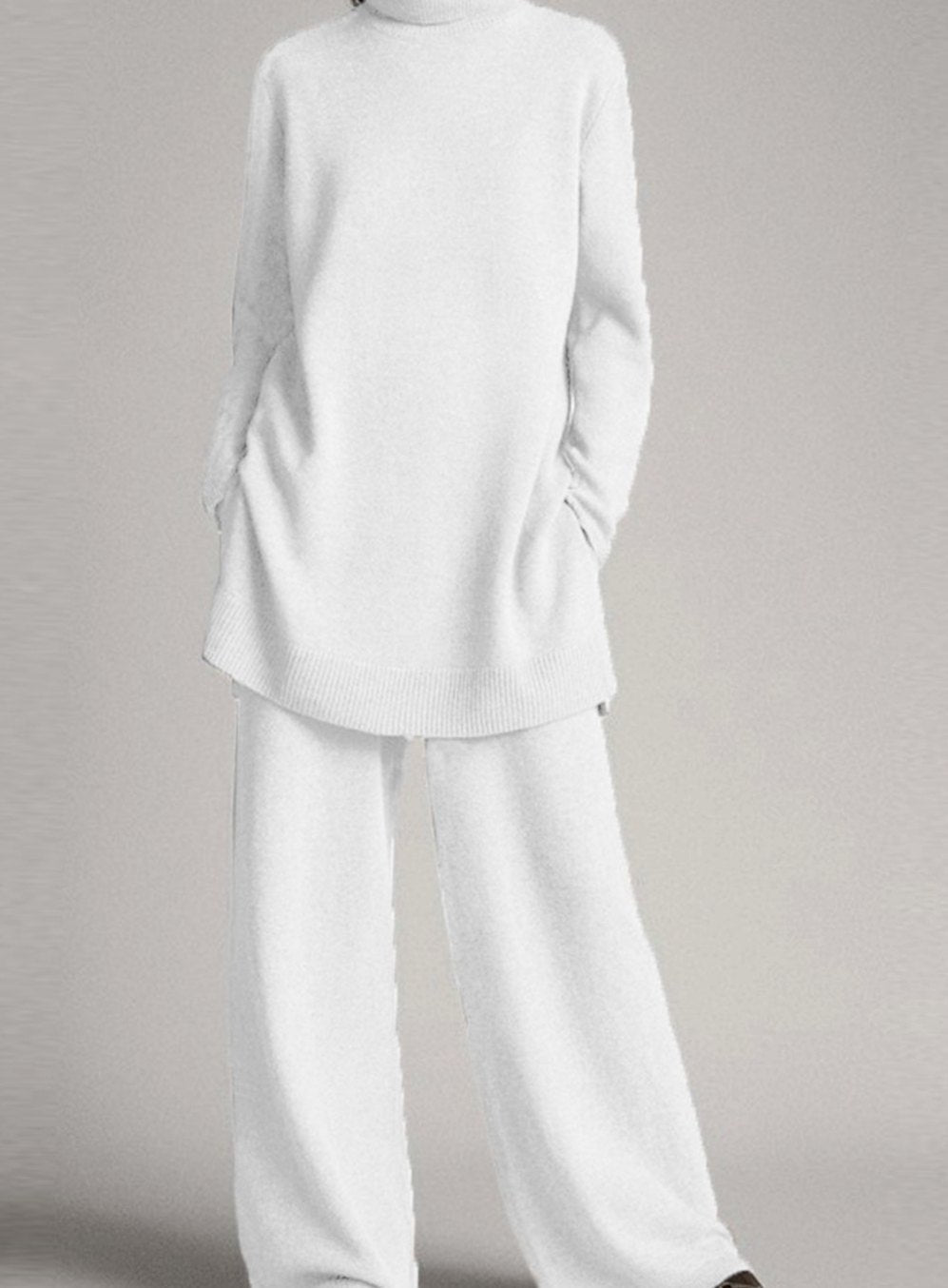 Longline turtleneck knit lounge set in white for women