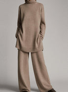 Longline turtleneck knit lounge set in beige for women