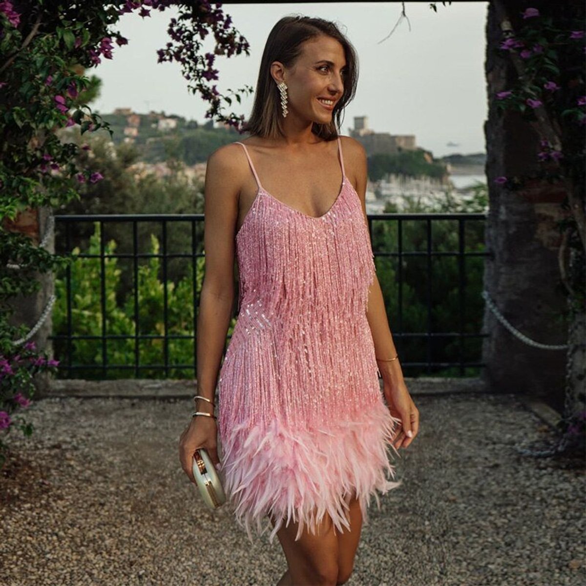 Sequin dress with feather hem for women