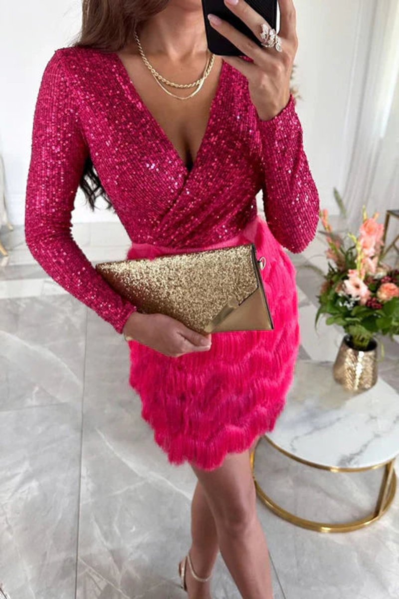 Sequin mini dress with feather skirt for women