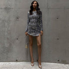 Silver long-sleeve sequin mini dress for women