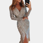 Long-sleeve sequin dress with V-neck for women