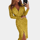 Long-sleeve sequin dress with V-neck for women