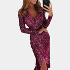 Long-sleeve sequin dress with V-neck for women