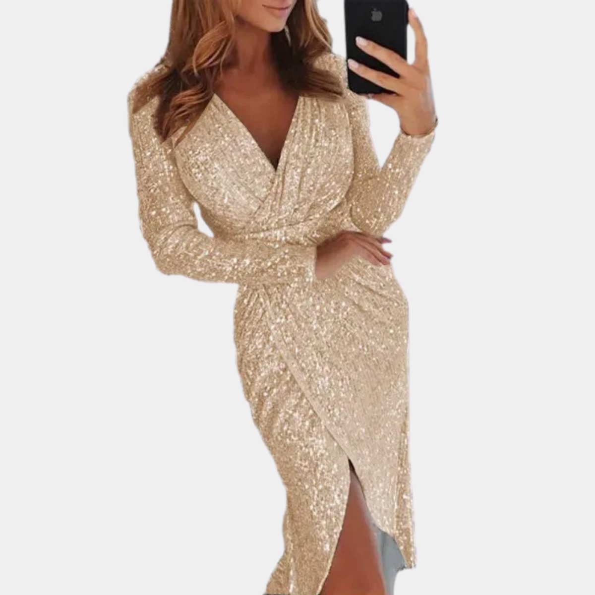 Long-sleeve sequin dress with V-neck for women