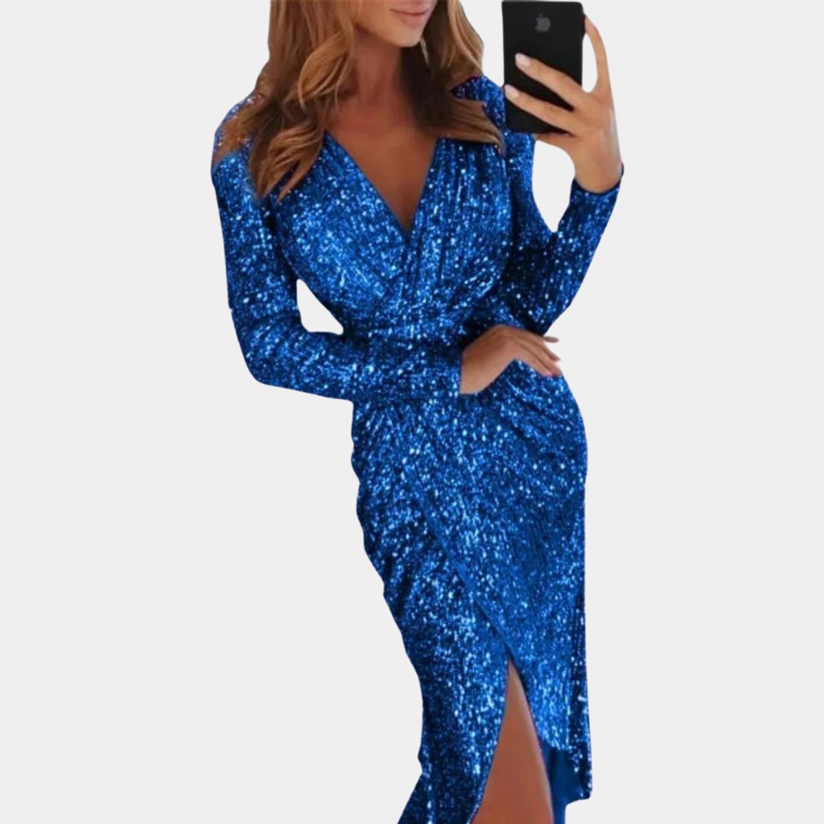 Long-sleeve sequin dress with V-neck for women