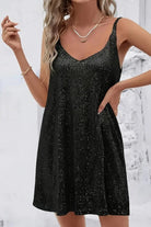 Black sequin slip mini dress with V-neck for women