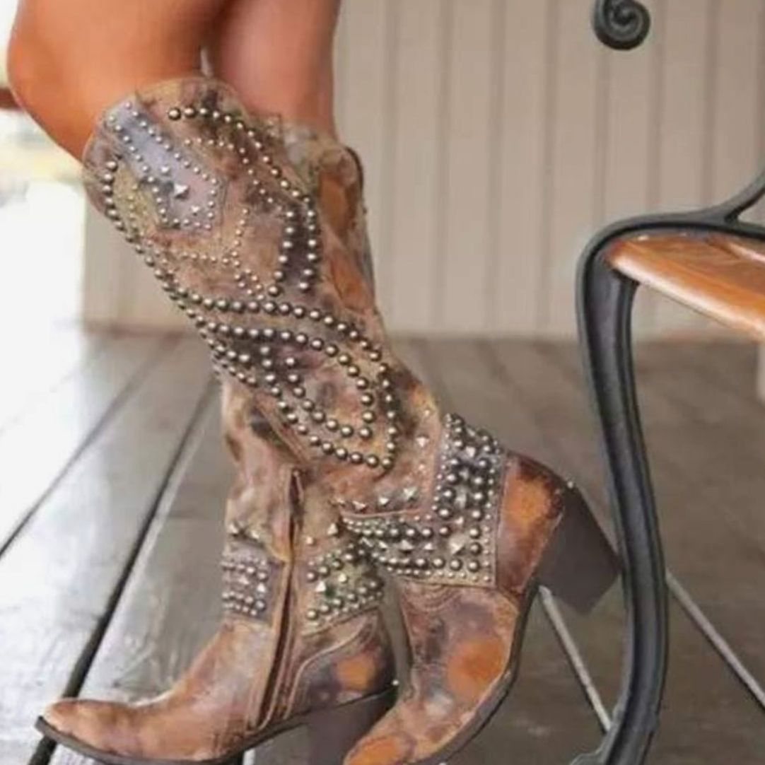 Studded knee-high cowboy boots for women