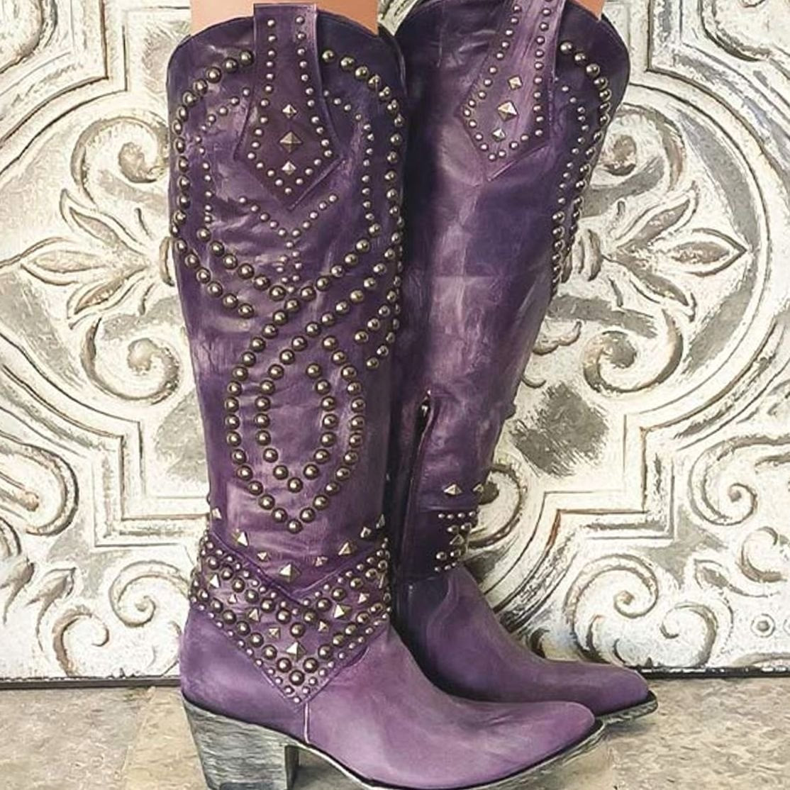 Studded knee-high cowboy boots for women