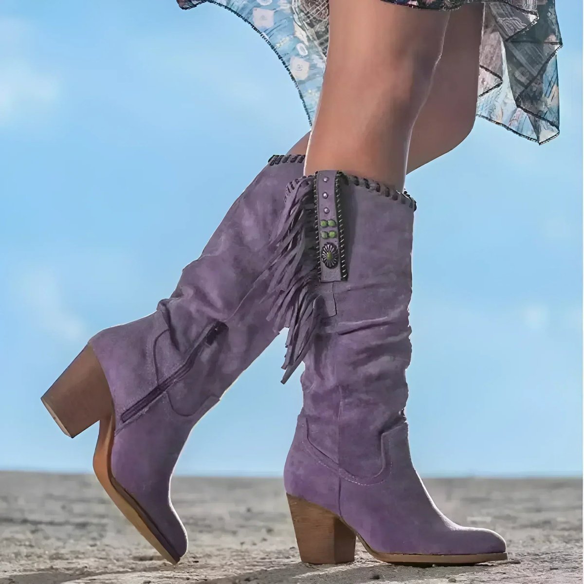 Fringe knee-high cowboy boots for women