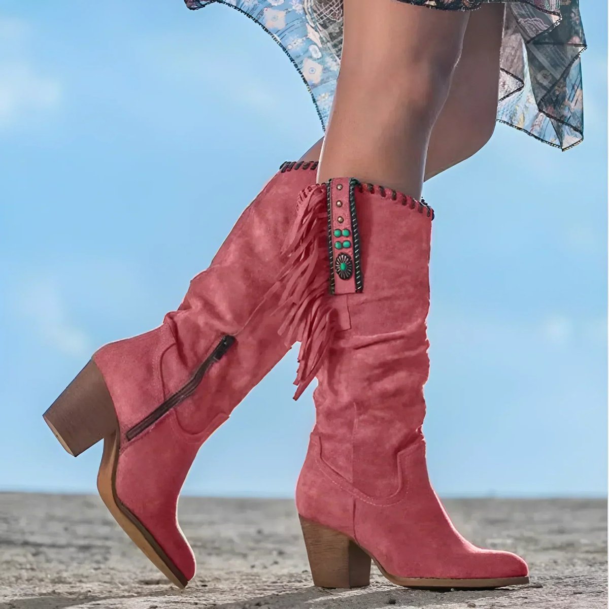 Fringe knee-high cowboy boots for women