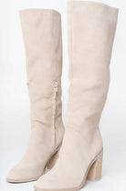Stacked heel knee-high boots in beige for women