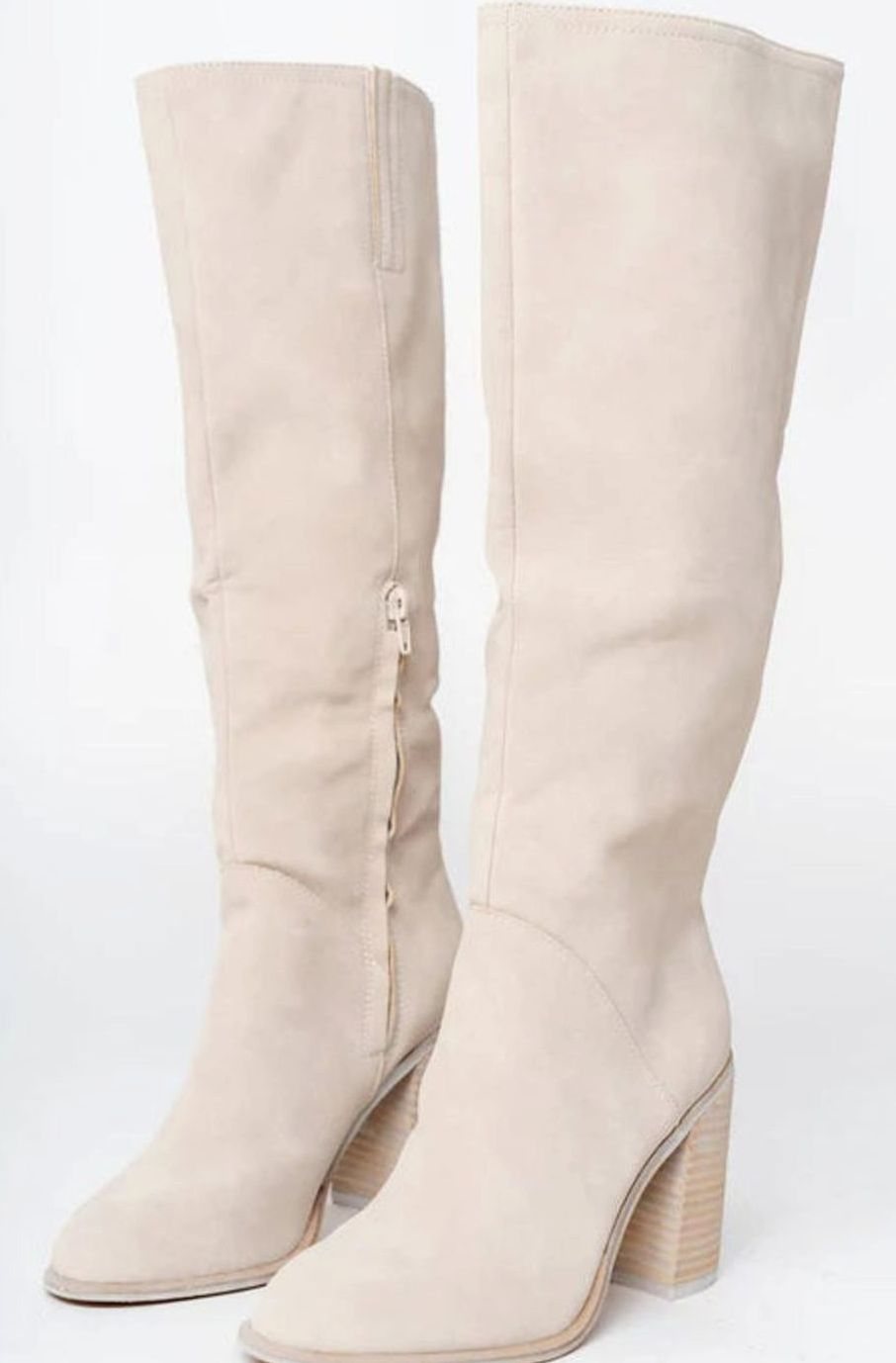 Stacked heel knee-high boots in beige for women