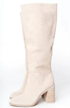 Stacked heel knee-high boots in beige for women