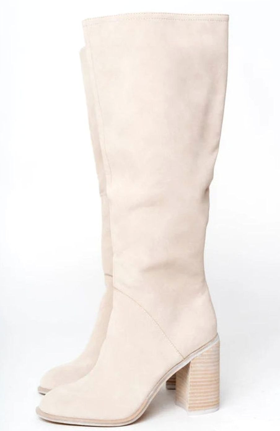 Stacked heel knee-high boots in beige for women
