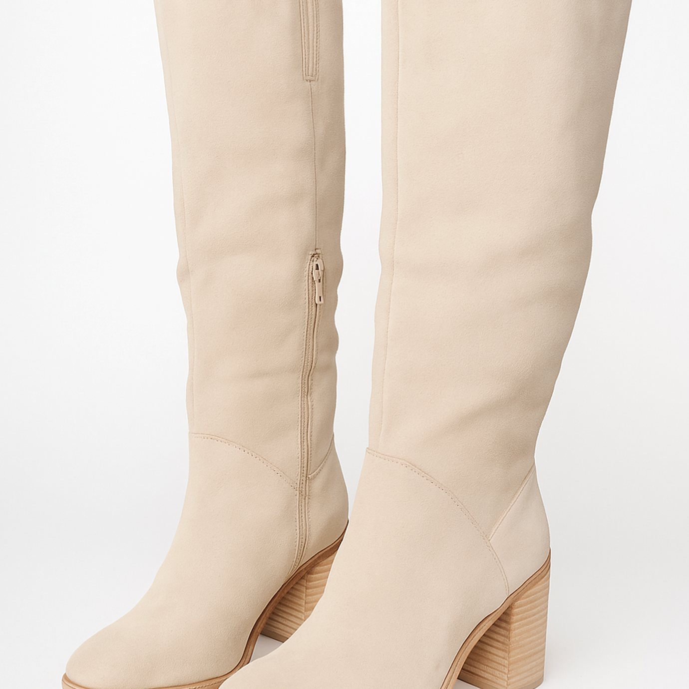 Stacked heel knee-high boots in beige for women