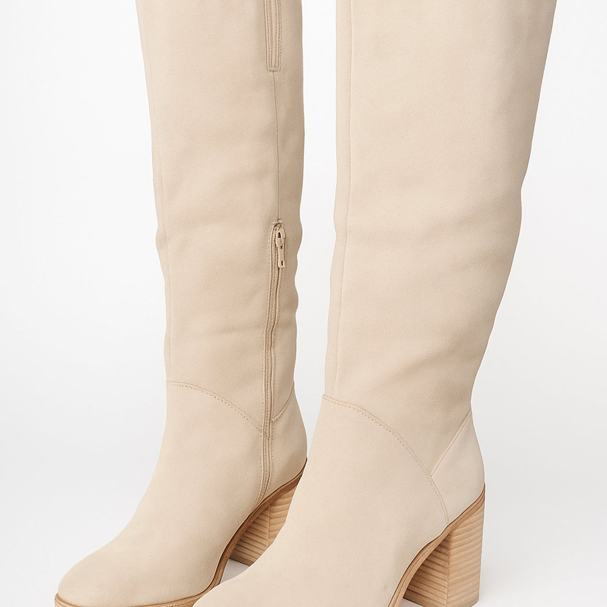 Stacked heel knee-high boots in beige for women