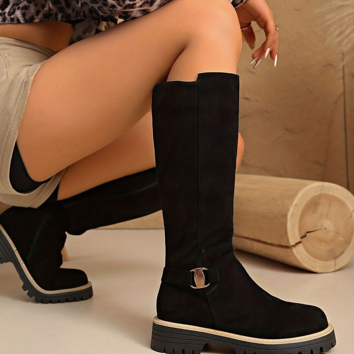 Lug sole knee-high boots in black, beige or coffee for women