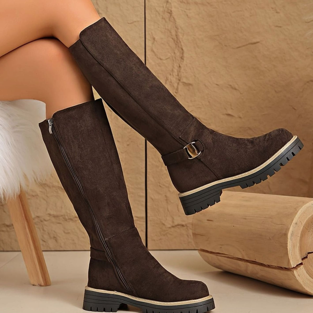 Lug sole knee-high boots in black, beige or coffee for women